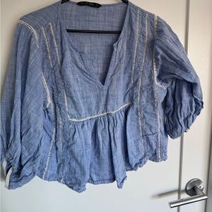 Zara Light Blue Blouse with White Accents